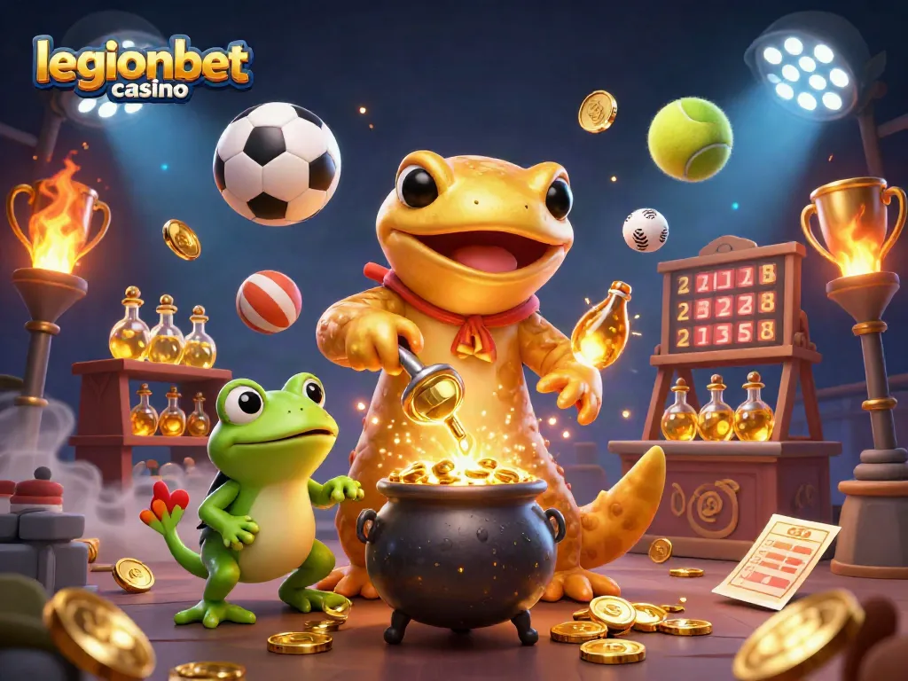 Engage with legionbet casino through an immersive 3D scene of alchemy and sports betting excitement.