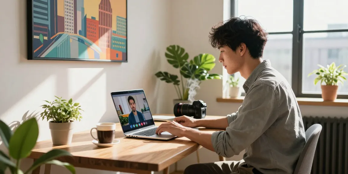 You can see a professional working here in a cozy home office with a laptop open and plants around.