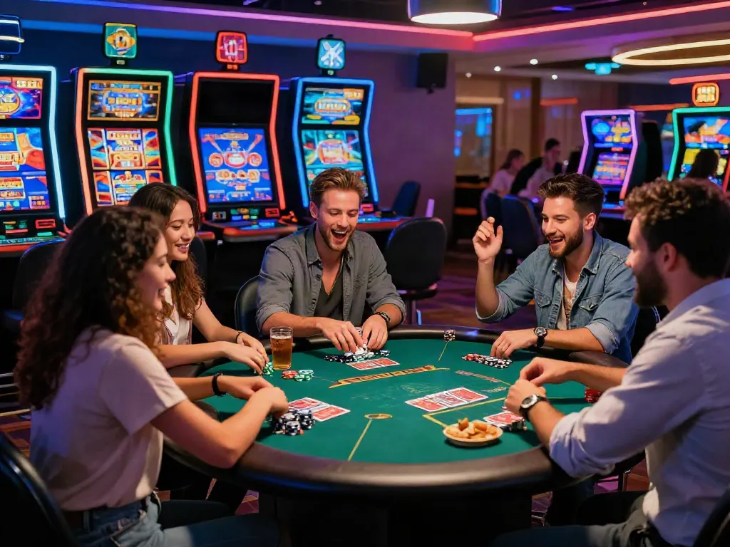 Diverse friends enjoying gaming at a non GamStop casino full of energy.