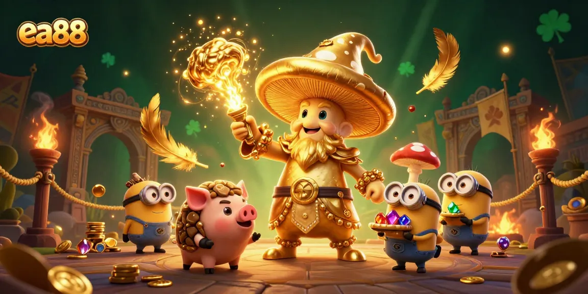 Experience thrilling adventures in ea88 with golden wizard and treasure amidst vibrant casino elements.