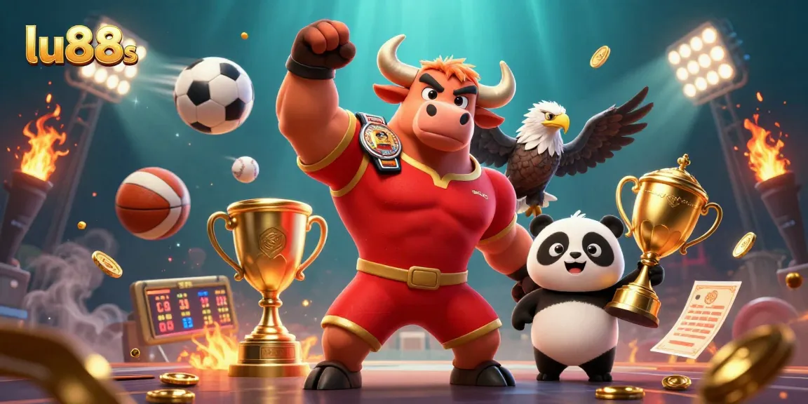 lu88s sports betting excitement with a muscular bull, eagle, and panda celebrating wins