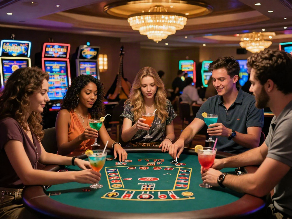 A lively scene at a non Gamstop casino with friends enjoying games and cocktails.