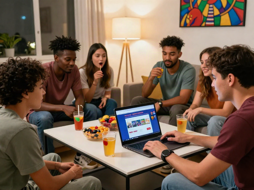 Friends enjoying a game night with a non Gamstop casino website on laptop