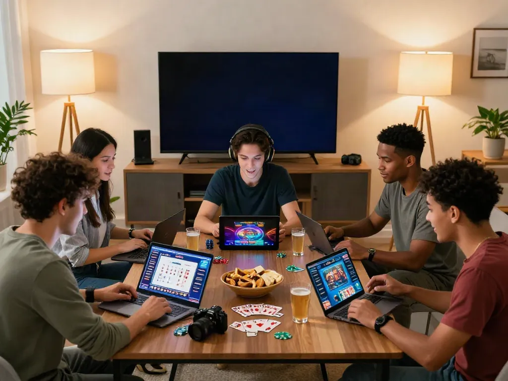 Diverse group enjoying games at a non GamStop casino in a cozy living room.