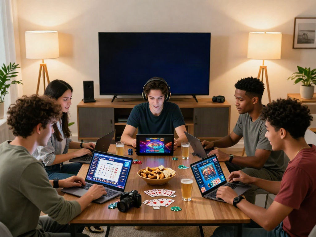 Diverse group enjoying games at a non GamStop casino in a cozy living room.