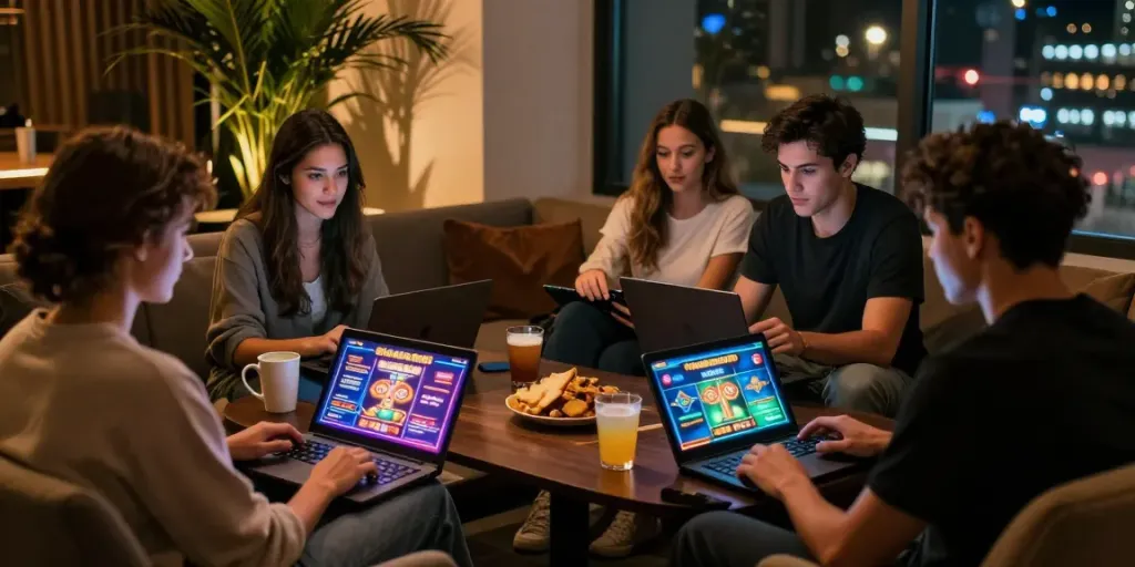 Diverse friends enjoying gaming at a non gamstop casino night, cozy setting with screens and snacks.