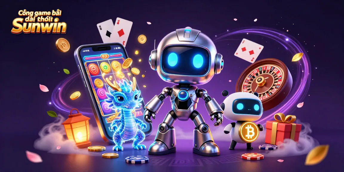 Cổng game bài đổi thưởng Sunwin showcases a thrilling casino experience through a vibrant 3D illustration of a cyberpunk robot, AI dragon, and bitcoin drone amid gaming elements.