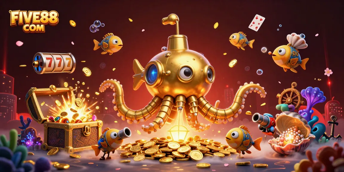 Engage with the thrilling FIVE88 COM underwater casino adventure featuring slot reels and a golden kraken.