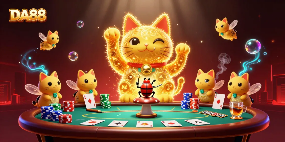 Experience the thrilling DA88 casino atmosphere with vibrant poker elements and a lucky cat illustration.