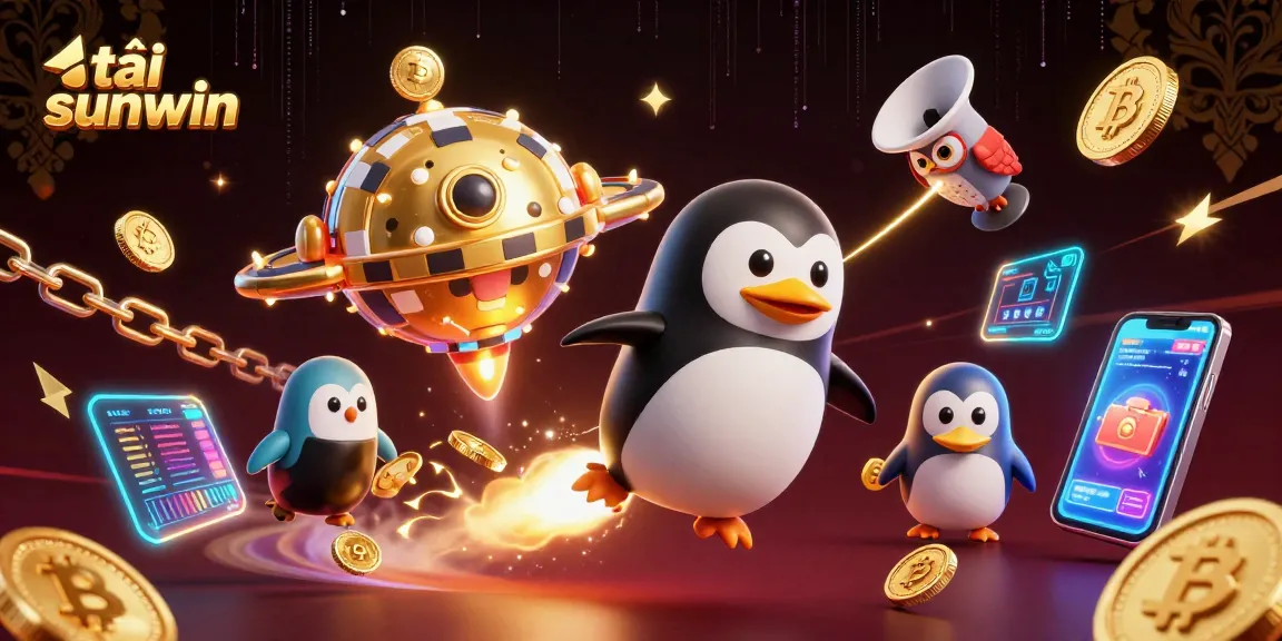 Win big with tải sunwin in a vibrant 3D casino space adventure featuring golden penguins and crypto elements.